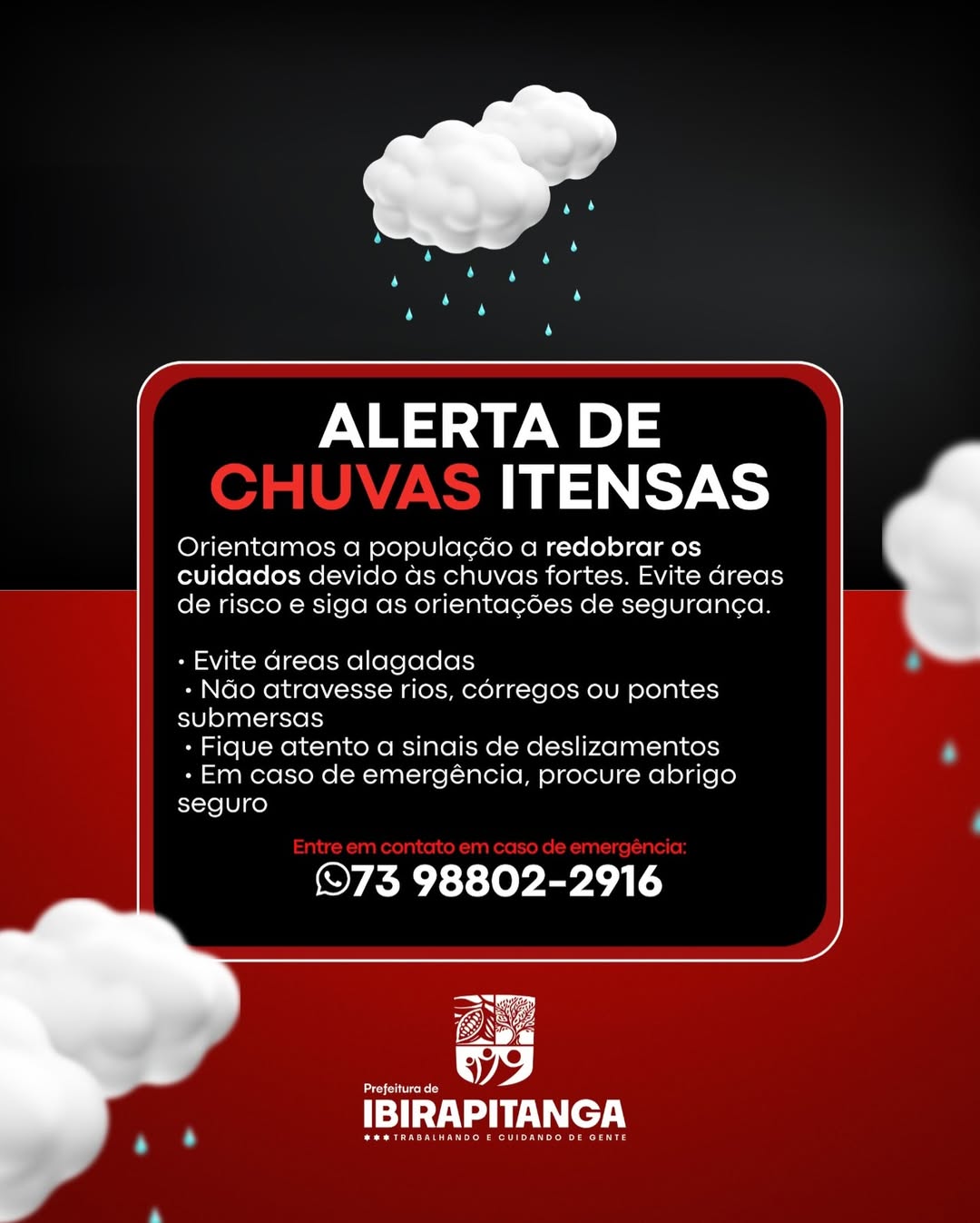 Prefeitura de Ibirapitanga emite alerta para fortes chuvas e reforça orientações de segurança